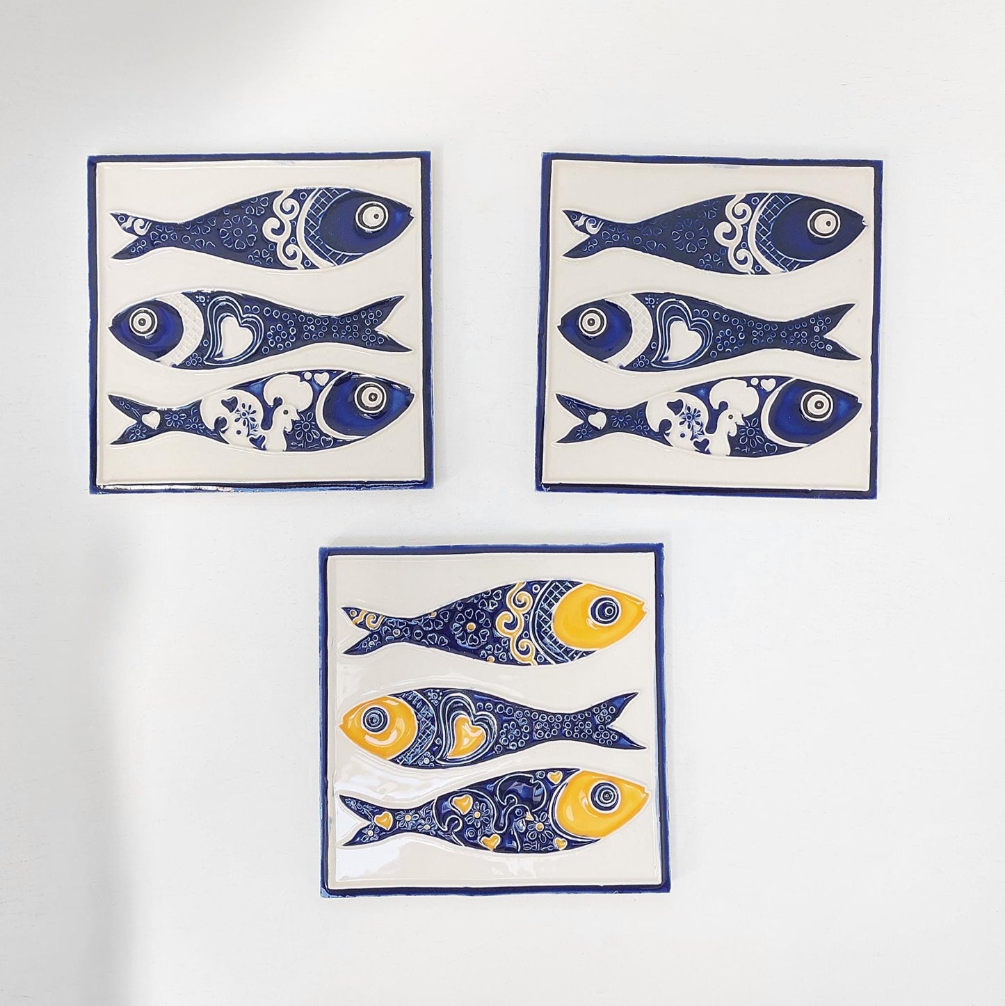 Hand-Painted Azulejo Sardine Tile Mural, Portuguese Wall Art (Set of 3)