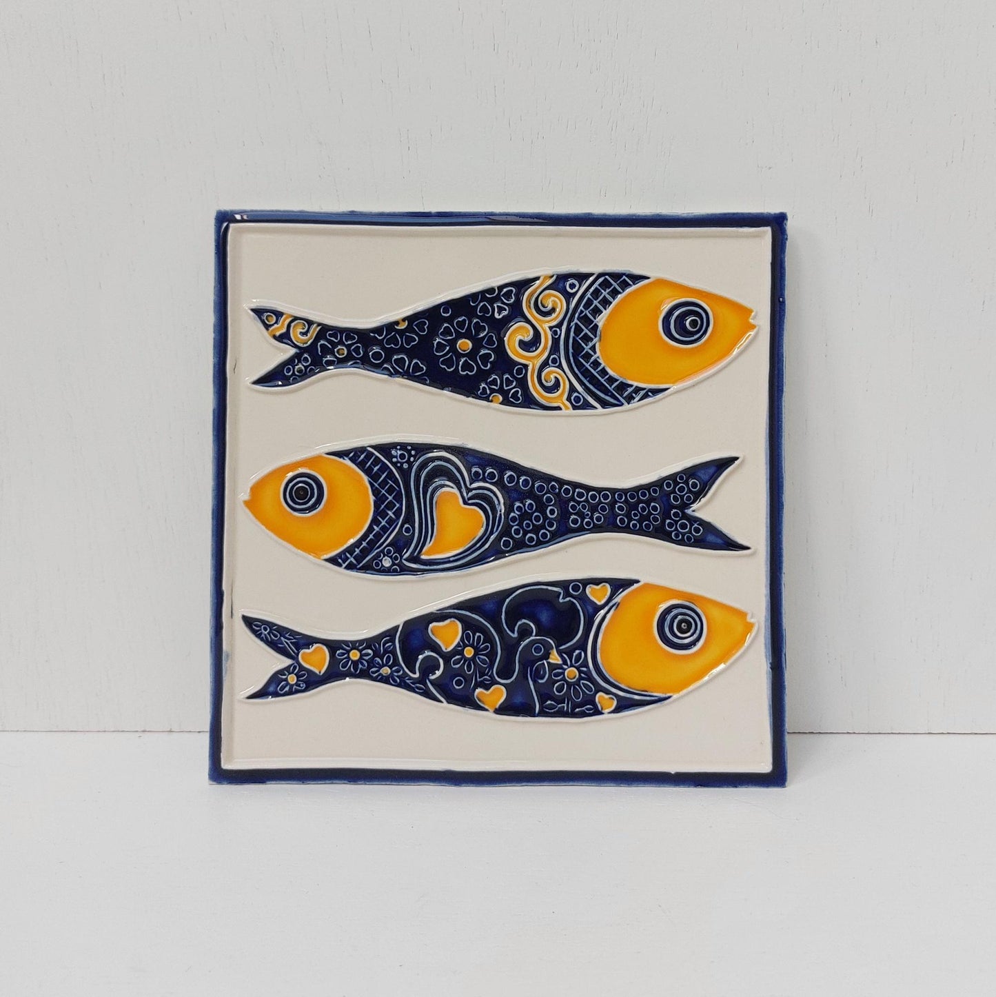 Hand-Painted Azulejo Sardine Tile Mural, Portuguese Wall Art (Set of 3)