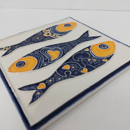 Hand-Painted Sardine Tile Mural (Set of 3) - Portuguese Azulejo Wall Art