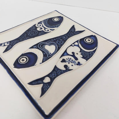 Hand-Painted Sardine Tile Mural (Set of 3) - Portuguese Azulejo Wall Art