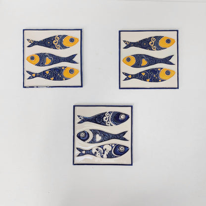 Hand-Painted Sardine Tile Mural (Set of 3) - Portuguese Azulejo Wall Art