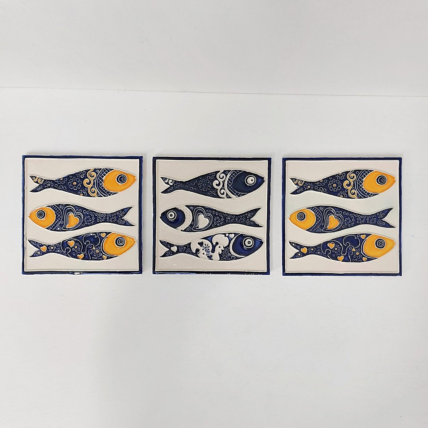Hand-Painted Sardine Tile Mural (Set of 3) - Portuguese Azulejo Wall Art