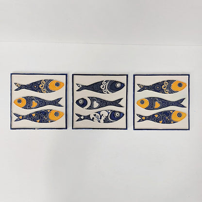 Hand-Painted Sardine Tile Mural (Set of 3) - Portuguese Azulejo Wall Art