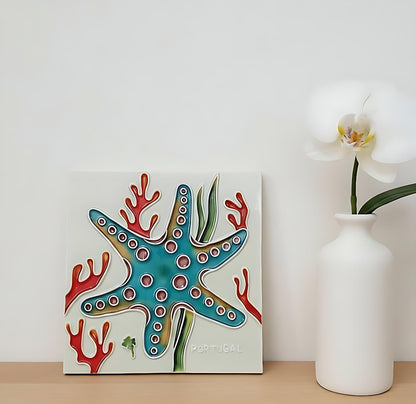 Hand-Painted Portuguese Ceramic Tile, Marine Animal Wall Art