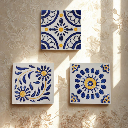 Hand-Painted Portuguese Ceramic Tile Mural, Marine Art, Set of 3