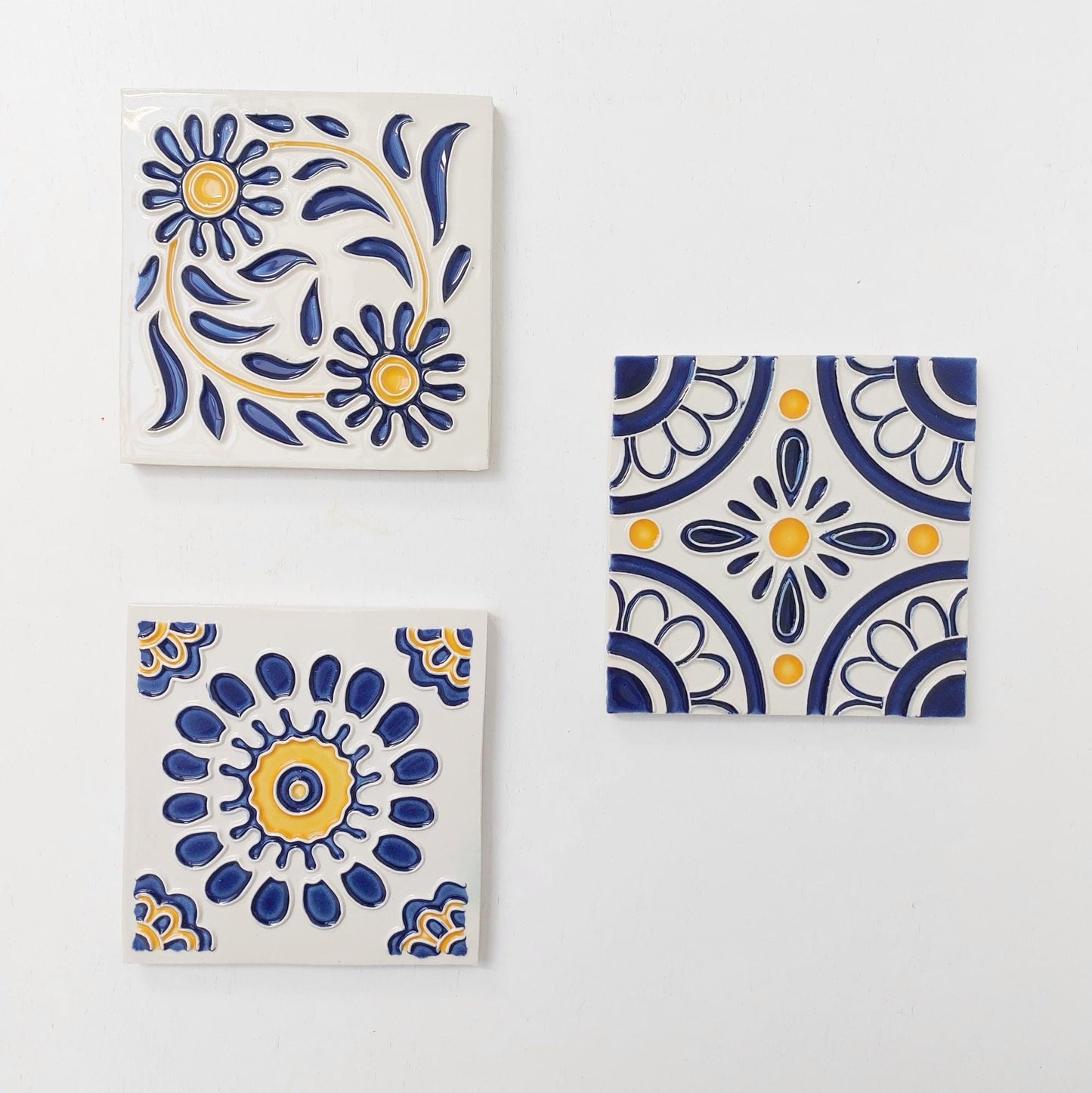 Hand-Painted Portuguese Ceramic Tile Mural, Marine Art, Set of 3