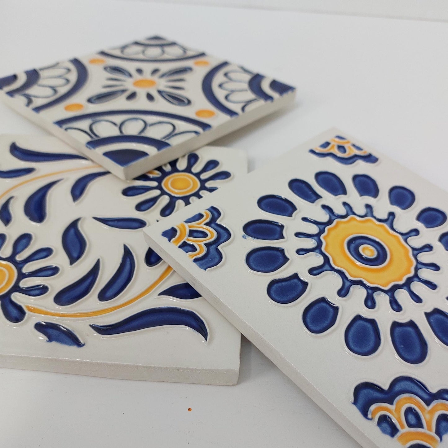 Hand-Painted Portuguese Ceramic Tile Mural, Marine Art, Set of 3