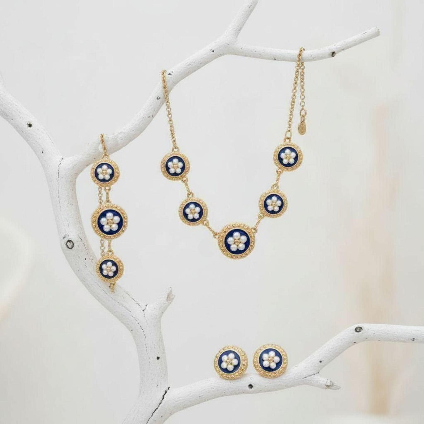 Portuguese Enamel Jewelry Set: Cobalt Blue & Gold, Caramujo Beads