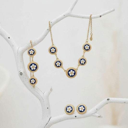 Portuguese Enamel Jewelry Set: Cobalt Blue & Gold, Caramujo Beads