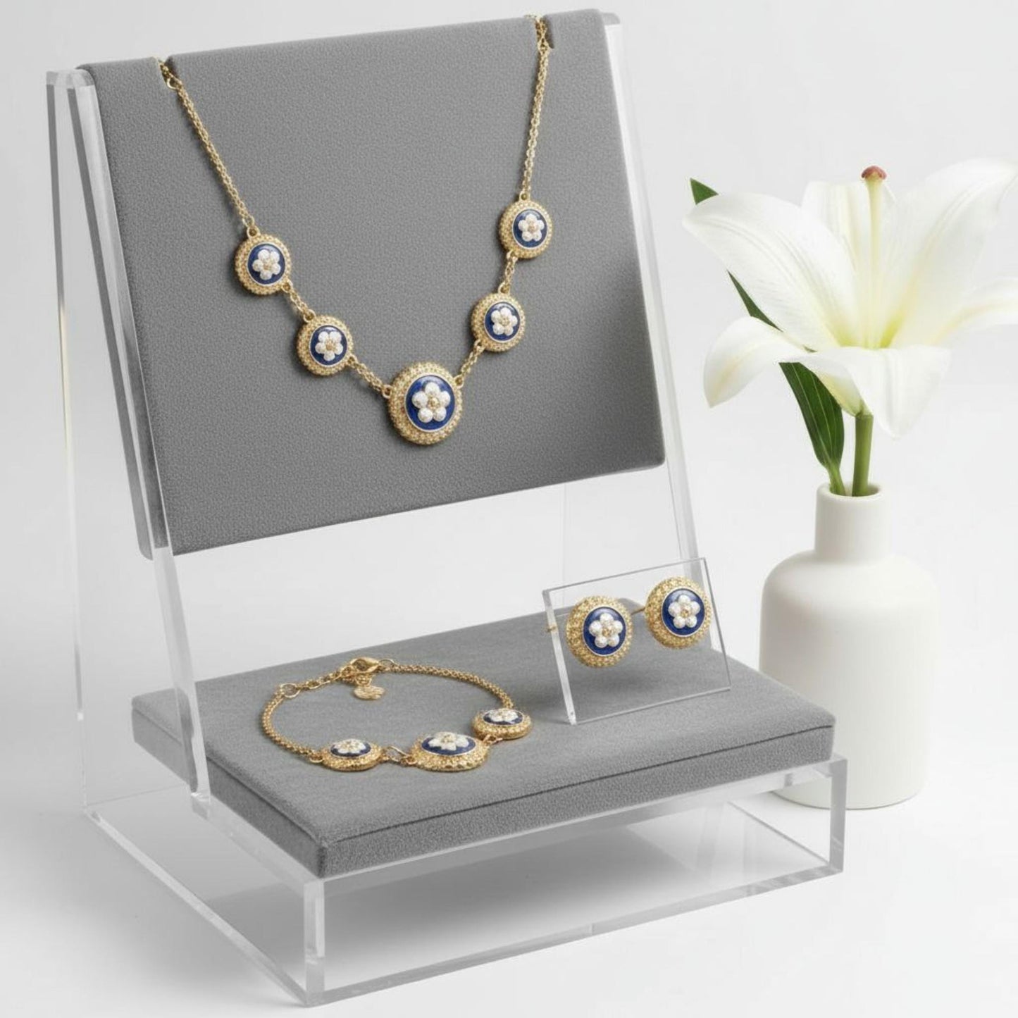 Portuguese Enamel Jewelry Set: Cobalt Blue & Gold, Caramujo Beads