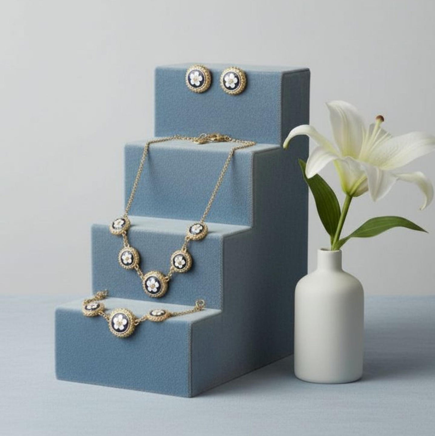 Portuguese Enamel Jewelry Set: Cobalt Blue & Gold, Caramujo Beads