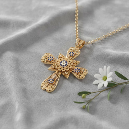 Portuguese Filigree Cross Necklace with Blue Enamel Flowers | Christian Cross Gift for Her