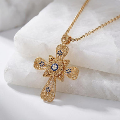Portuguese Filigree Cross Necklace with Blue Enamel Flowers | Christian Cross Gift for Her