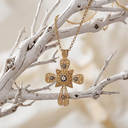 Portuguese Filigree Cross Necklace with Blue Enamel Flowers | Christian Cross Gift for Her