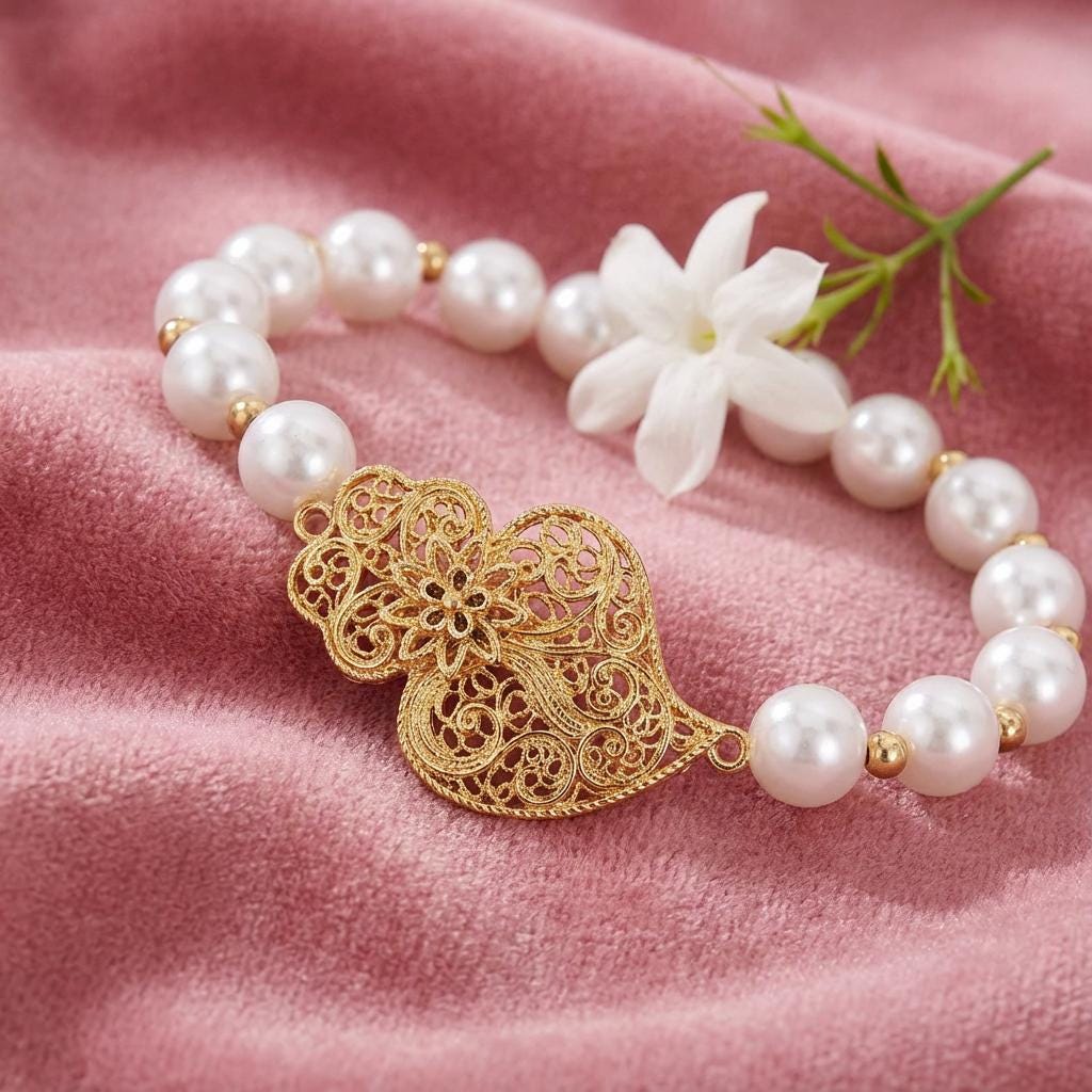 Portuguese Viana Heart and Pearls Bracelet for Christmas, Mother Day or Friend Woman Gift