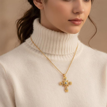 Portuguese Filigree Cross Necklace with Blue Enamel Flowers | Christian Cross Gift for Her