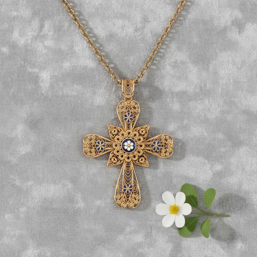 Portuguese Filigree Cross Necklace with Blue Enamel Flowers | Christian Cross Gift for Her