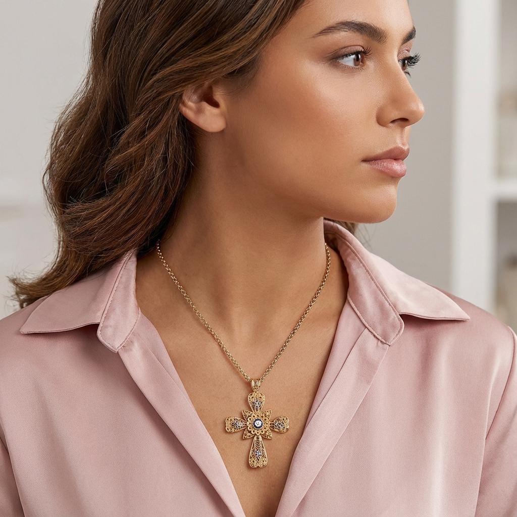 Portuguese Filigree Cross Necklace with Blue Enamel Flowers | Christian Cross Gift for Her