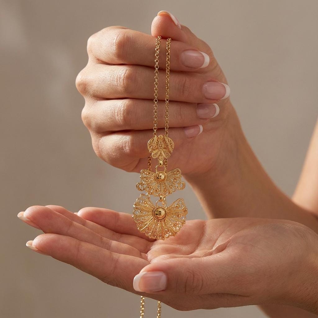 Portuguese Laça Pendant Necklace Gold Plated | Minho Filigree Jewelry Gifts for Christmas, Mother day