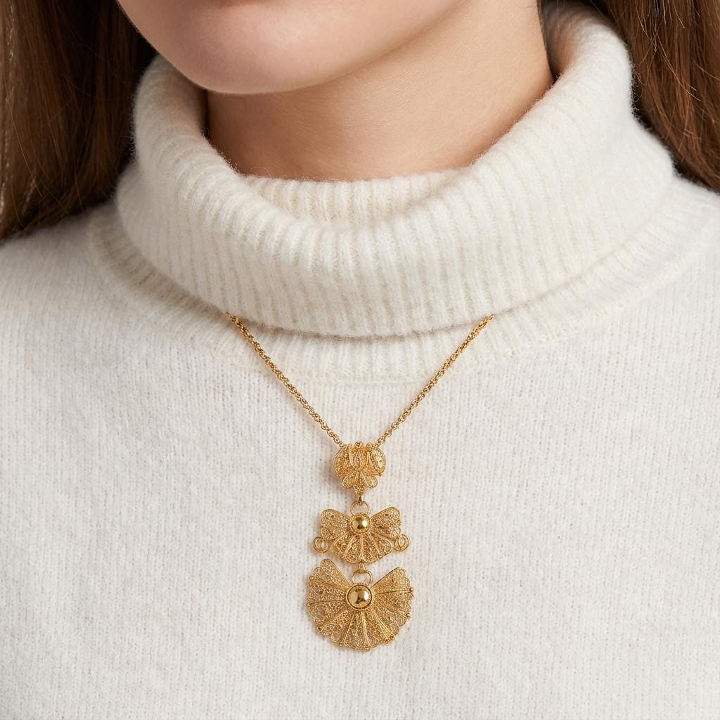 Portuguese Laça Pendant Necklace Gold Plated | Minho Filigree Jewelry Gifts for Christmas, Mother day