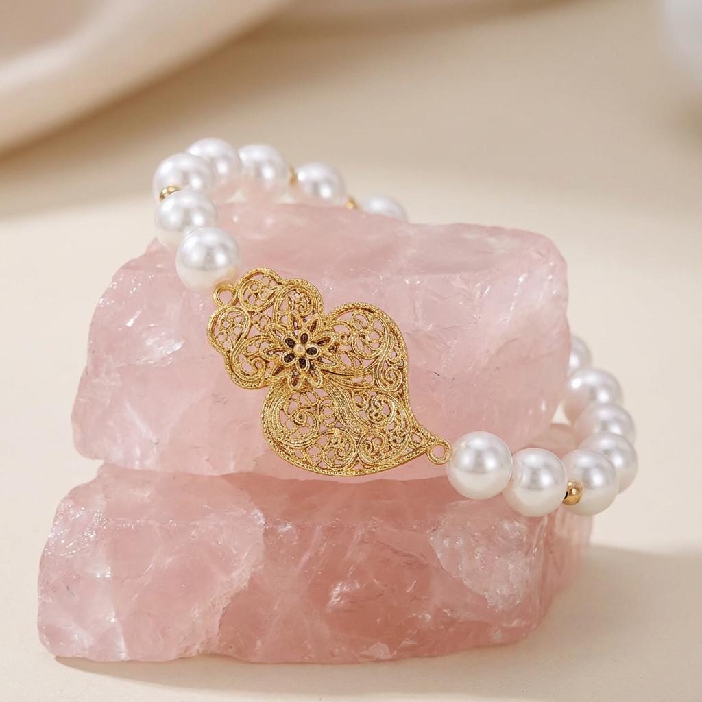 Portuguese Viana Heart and Pearls Bracelet for Christmas, Mother Day or Friend Woman Gift