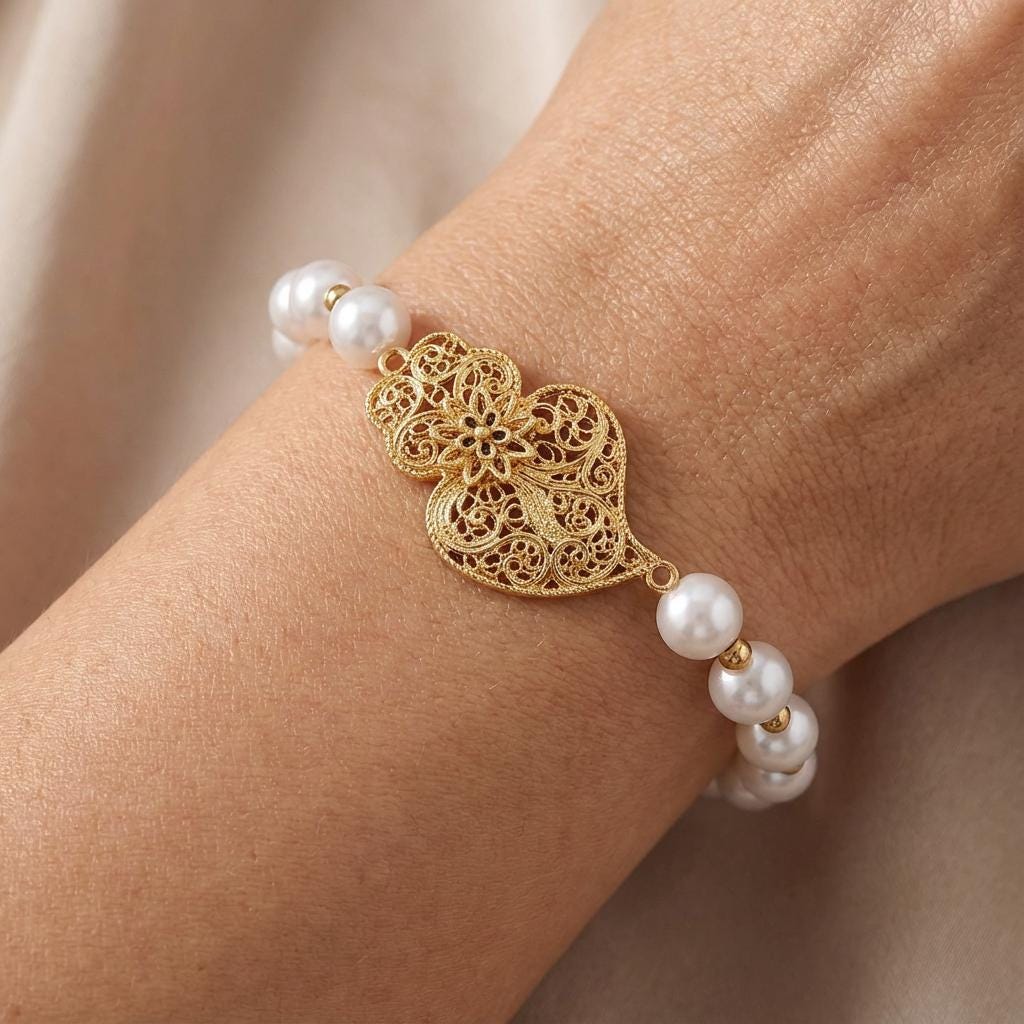 Portuguese Viana Heart and Pearls Bracelet for Christmas, Mother Day or Friend Woman Gift