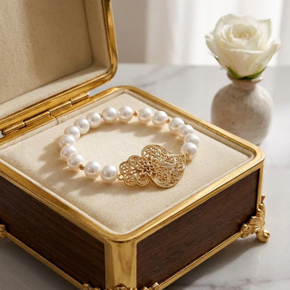 Portuguese Viana Heart and Pearls Bracelet for Christmas, Mother Day or Friend Woman Gift