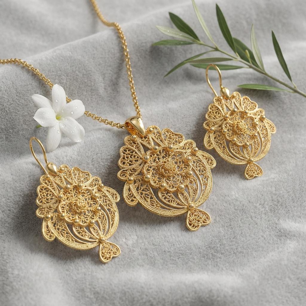 Gold-Plated Portuguese Filigree Necklace and Earrings Set – Lace-Inspired Jewelry