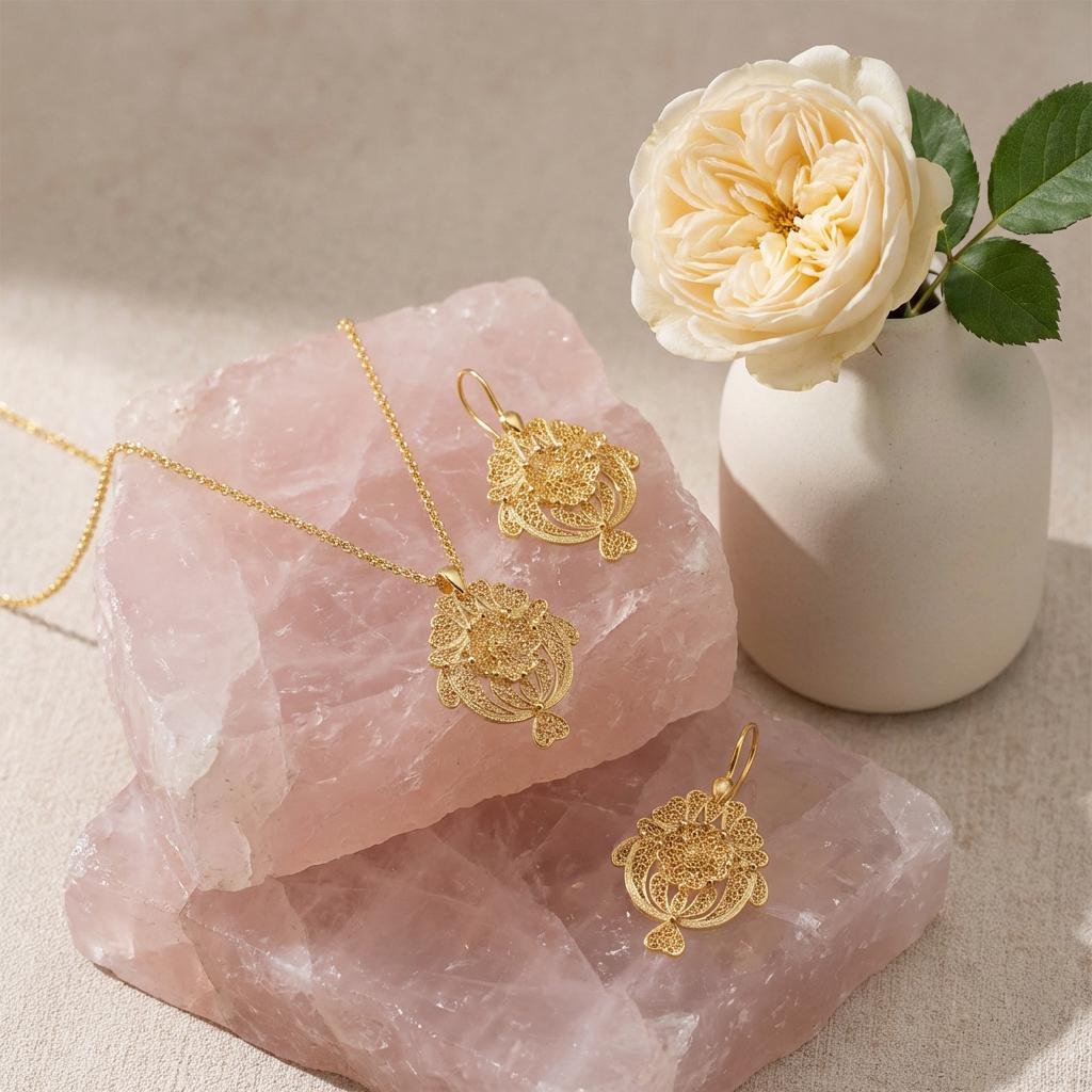 Gold-Plated Portuguese Filigree Necklace and Earrings Set – Lace-Inspired Jewelry