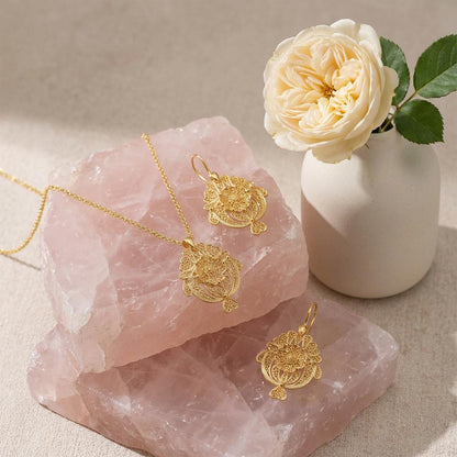 Gold-Plated Portuguese Filigree Necklace and Earrings Set – Lace-Inspired Jewelry