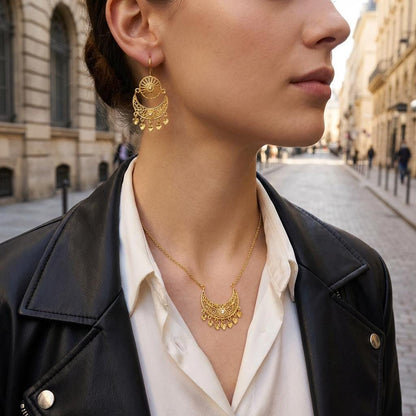 Gold-Plated Portuguese Filigree Moon Heart Jewelry Set