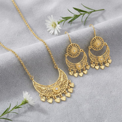 Gold-Plated Portuguese Filigree Moon Heart Jewelry Set