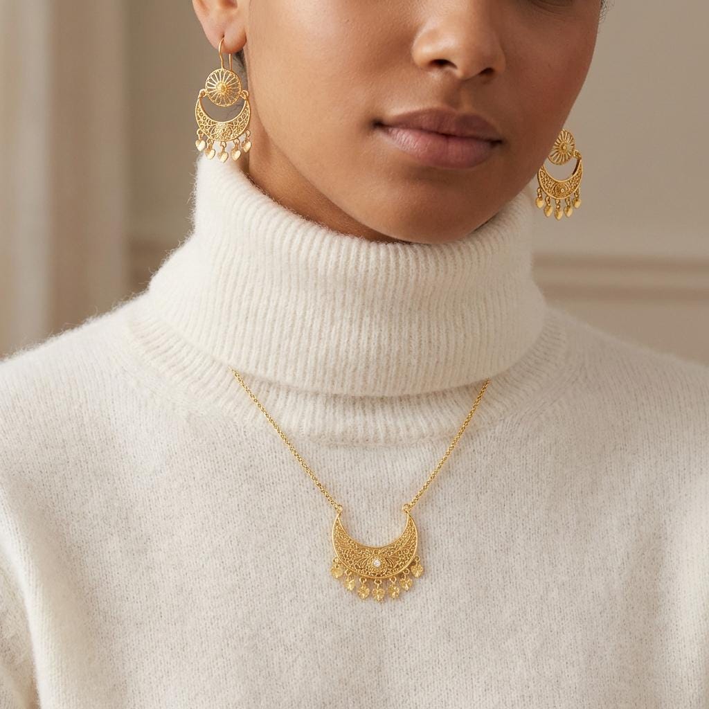 Gold-Plated Portuguese Filigree Moon Heart Jewelry Set
