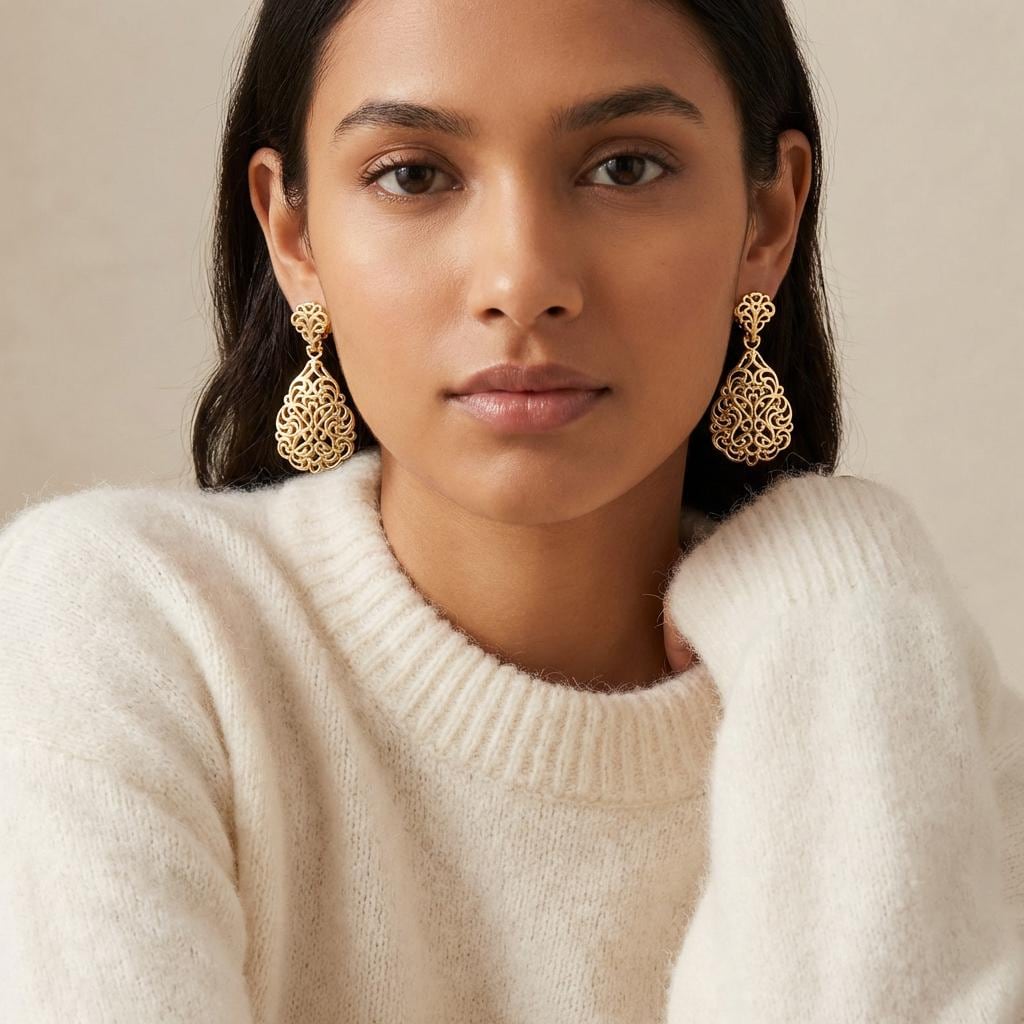 Oval Filigree Dangle Earrings • Intricate Lace-Inspired Detail • Elegant Women's Jewelry