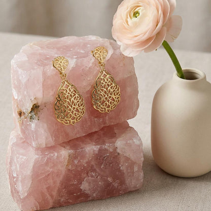Oval Filigree Dangle Earrings • Intricate Lace-Inspired Detail • Elegant Women's Jewelry