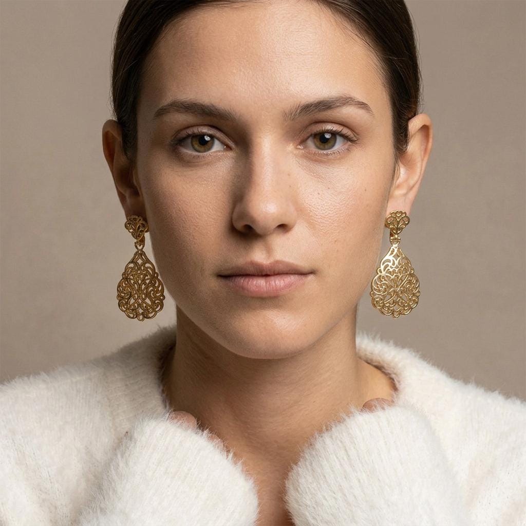 Oval Filigree Dangle Earrings • Intricate Lace-Inspired Detail • Elegant Women's Jewelry