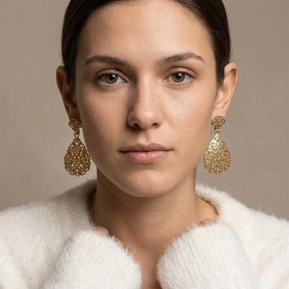 Oval Filigree Dangle Earrings • Intricate Lace-Inspired Detail • Elegant Women's Jewelry