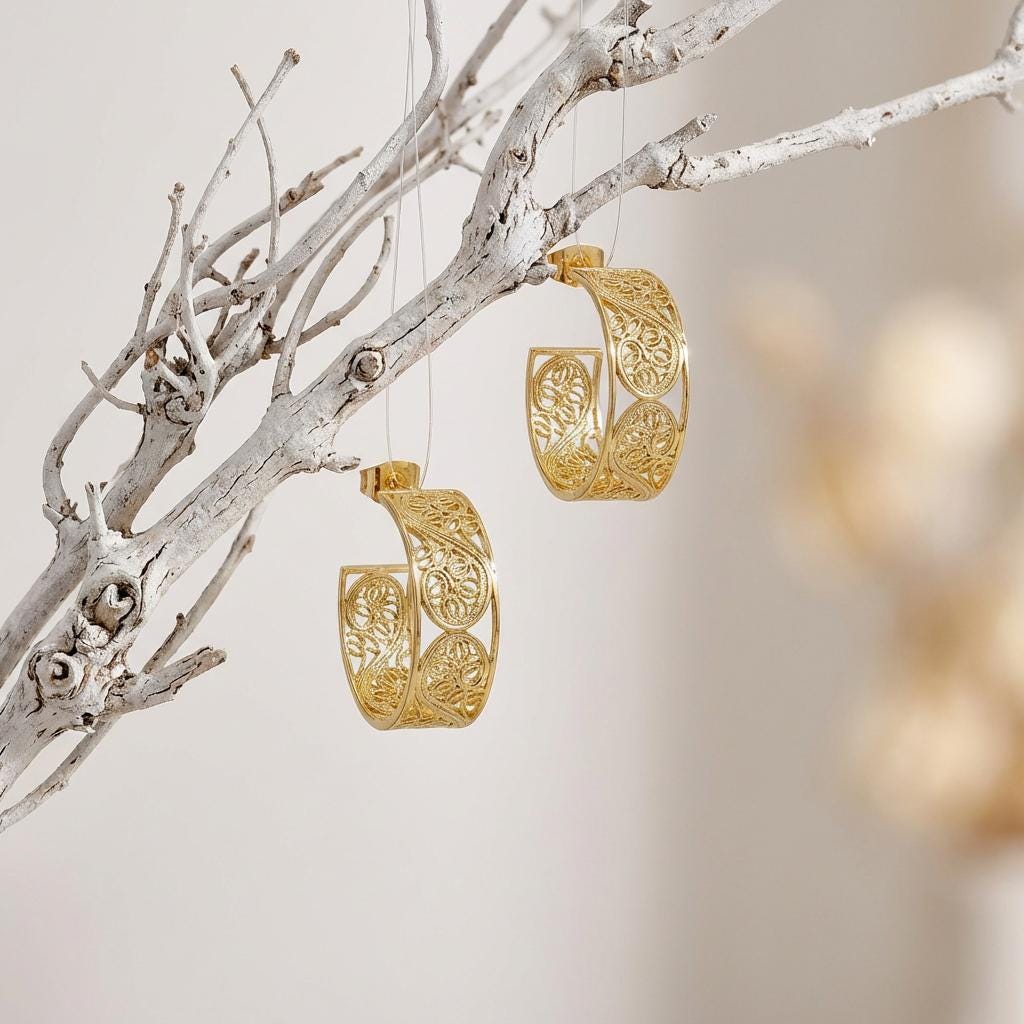 Portuguese Filigree Hoop Earrings | Gold-Plated Women’s Hoops | Elegant Gift for Her