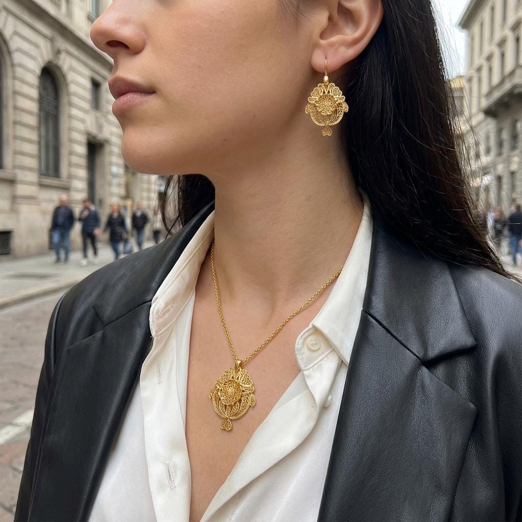 Gold-Plated Portuguese Filigree Necklace and Earrings Set – Lace-Inspired Jewelry