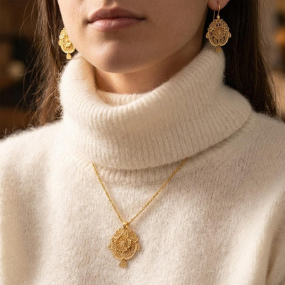 Gold-Plated Portuguese Filigree Necklace and Earrings Set – Lace-Inspired Jewelry