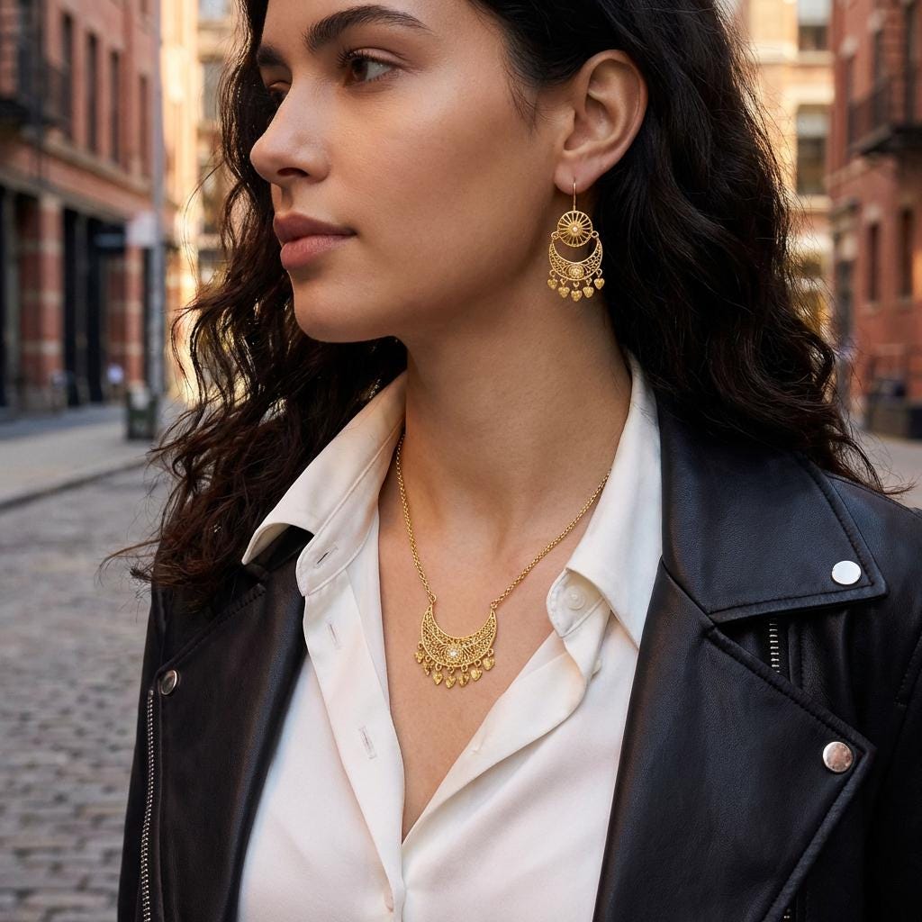 Gold-Plated Portuguese Filigree Moon Heart Jewelry Set