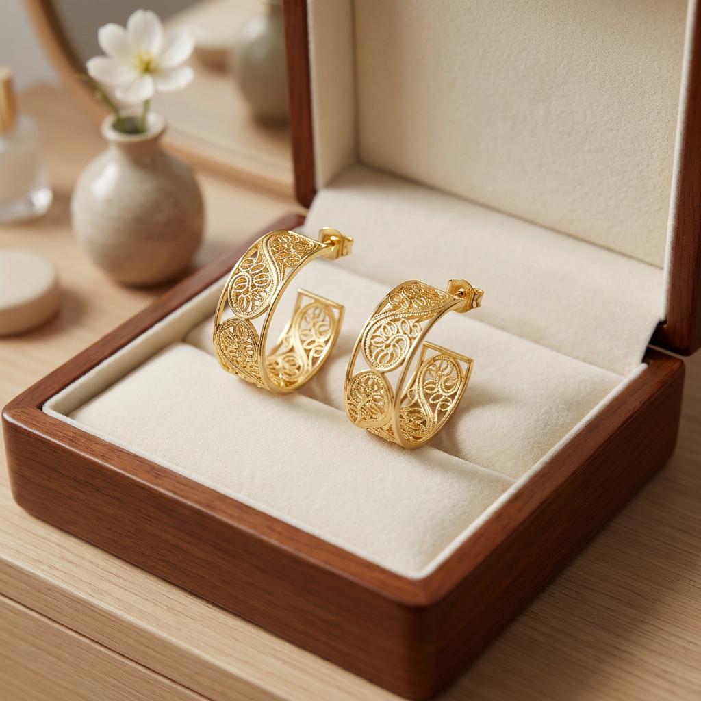 Portuguese Filigree Hoop Earrings | Gold-Plated Women’s Hoops | Elegant Gift for Her