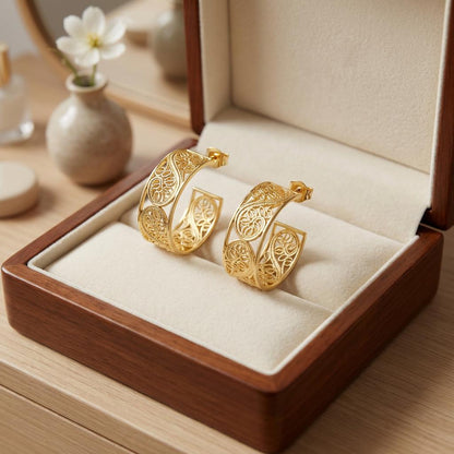 Portuguese Filigree Hoop Earrings | Gold-Plated Women’s Hoops | Elegant Gift for Her