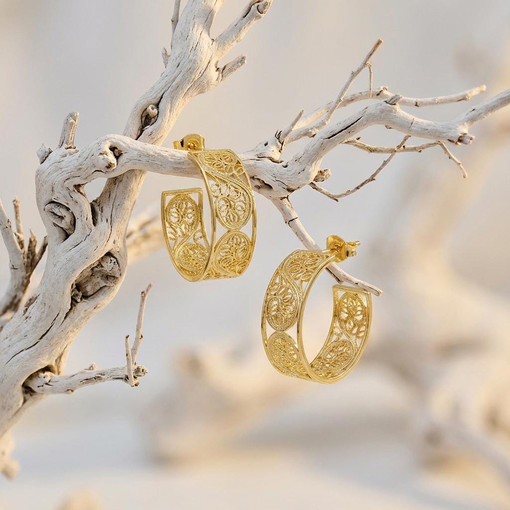Portuguese Filigree Hoop Earrings | Gold-Plated Women’s Hoops | Elegant Gift for Her